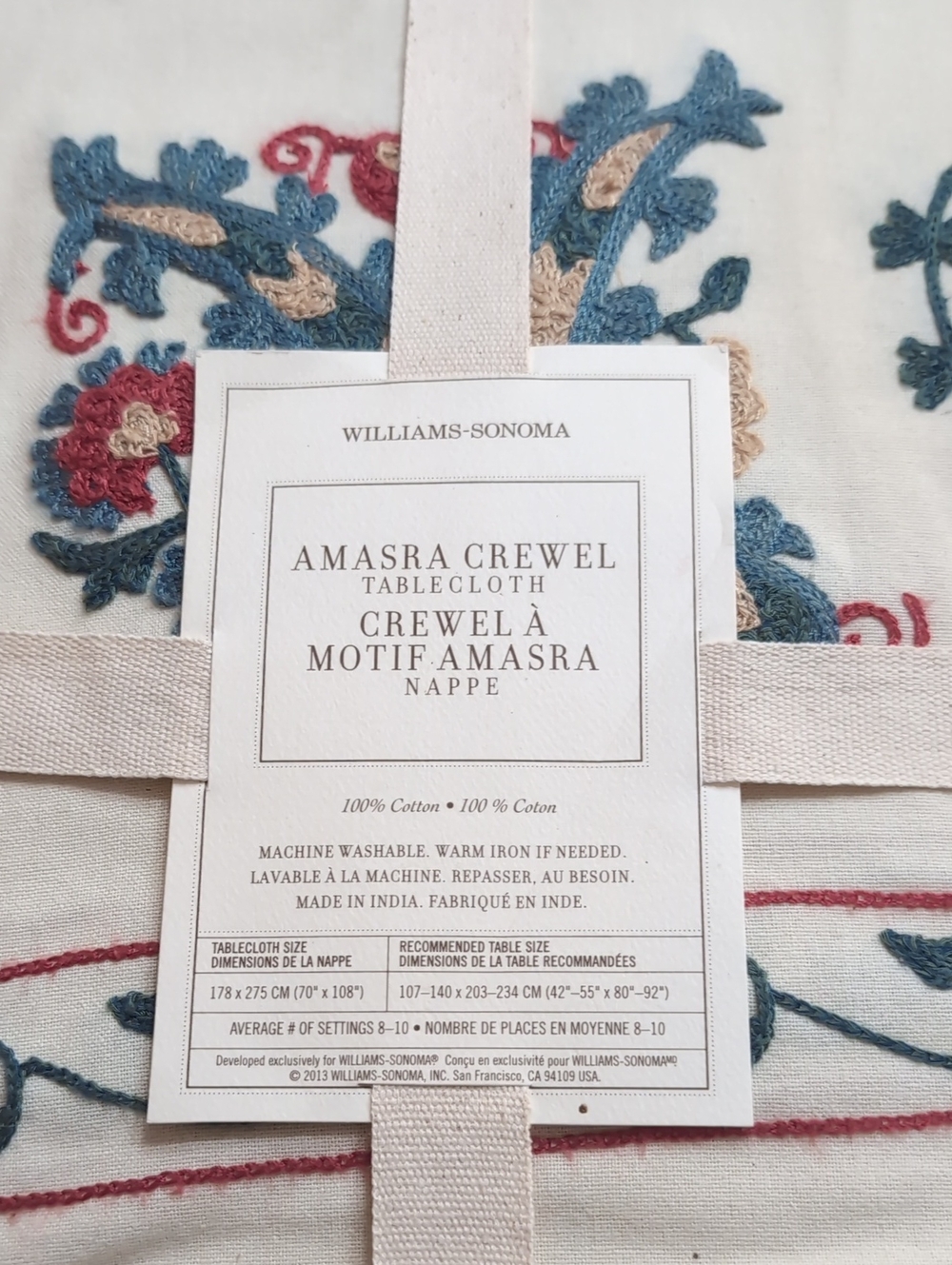 NWT Williams Sonoma Tablecloth with Crewel Embroidery 70"x 108" 100%Cotton